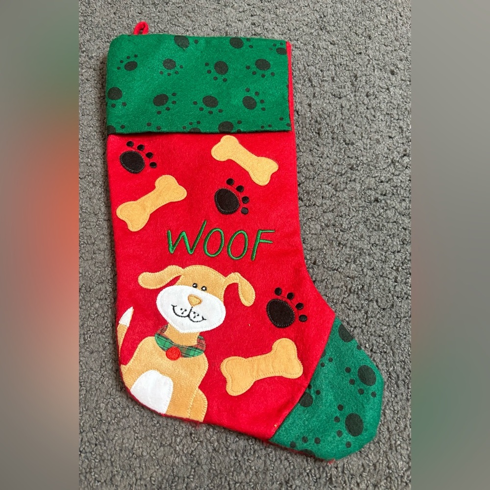 Vintage Dyno Seasonal Solutions Felt Classic Pet Dog Woof Christmas Stocking 16”